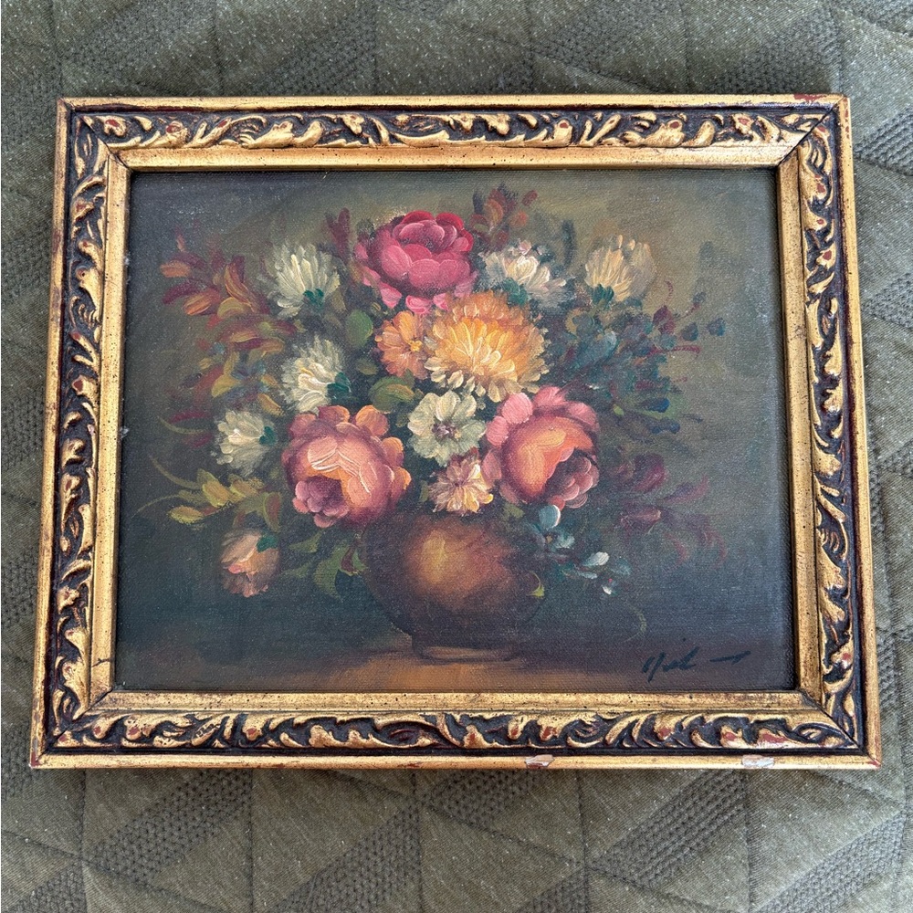 Vintage Floral Oil Painting in Ornate Frame